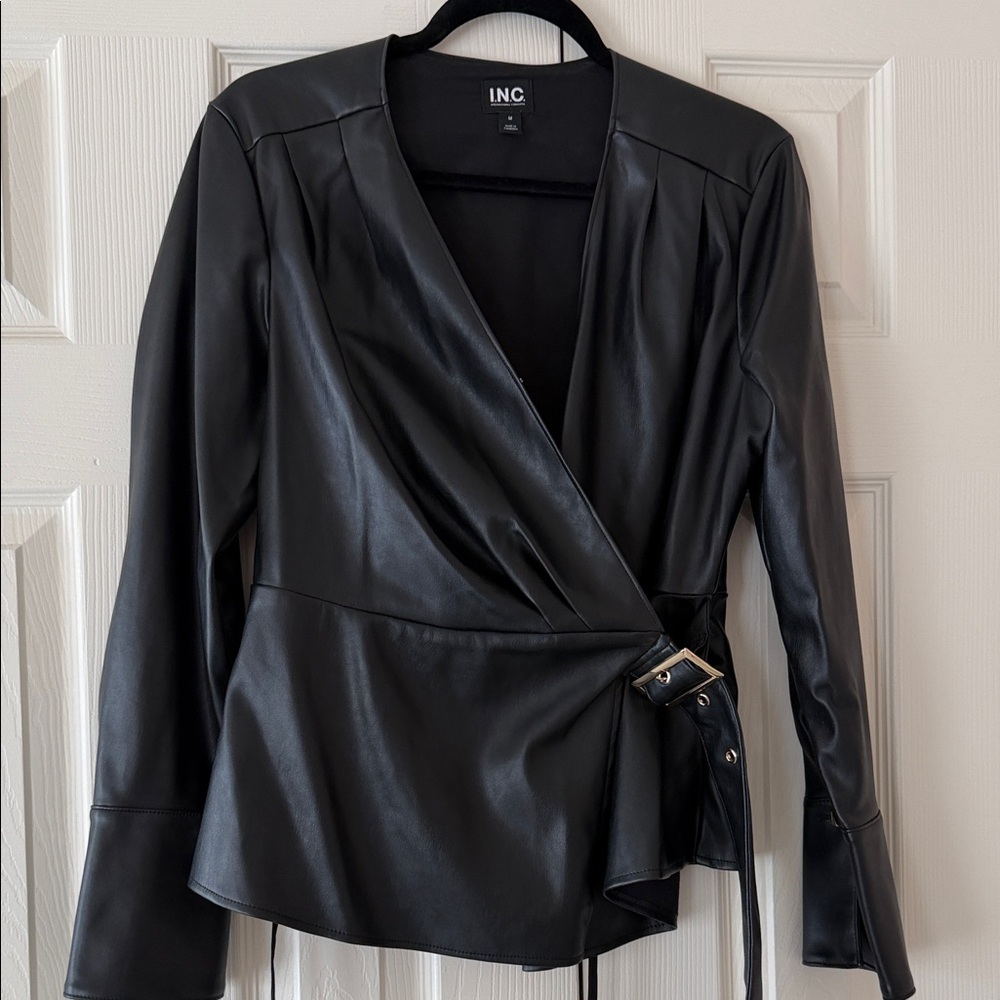 INC International Concepts Women's Black Belted Leather Jacket
